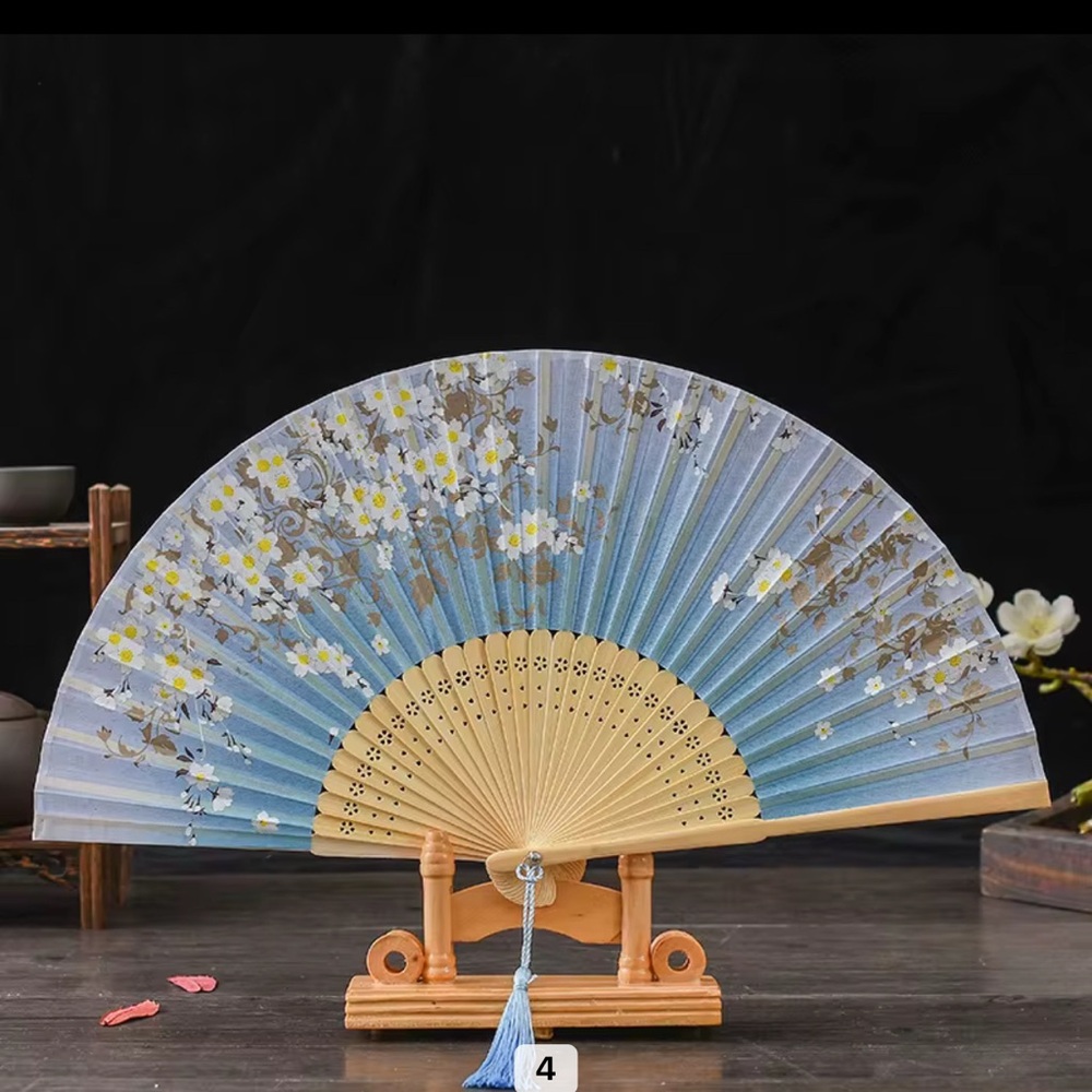 Floral Handheld Fan with Blue and Yellow Accents Bamboo #4